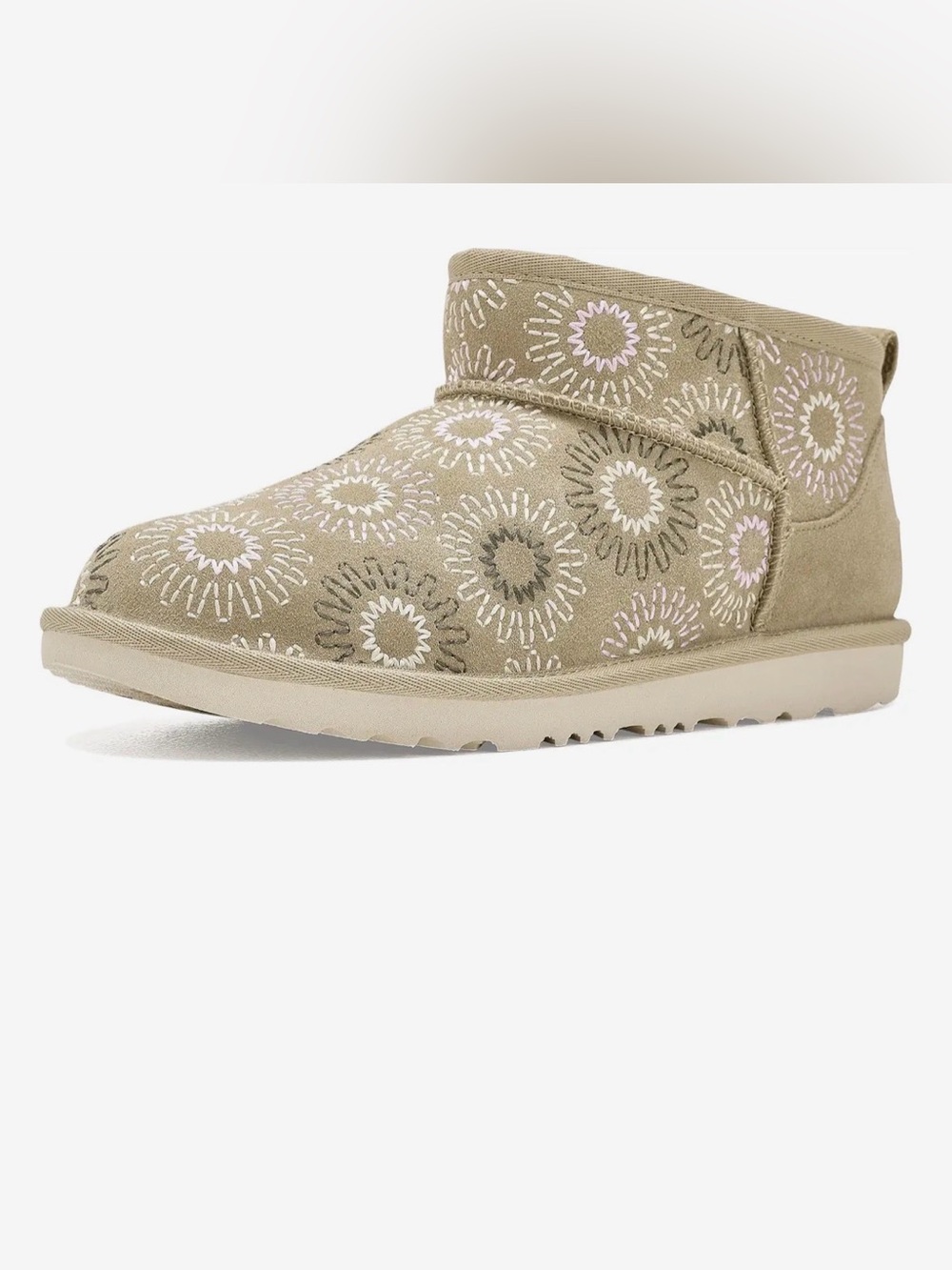 UGG Classic Ultra Mini Sun Stitched Tan Suede Embroidered Short Boot Size 2